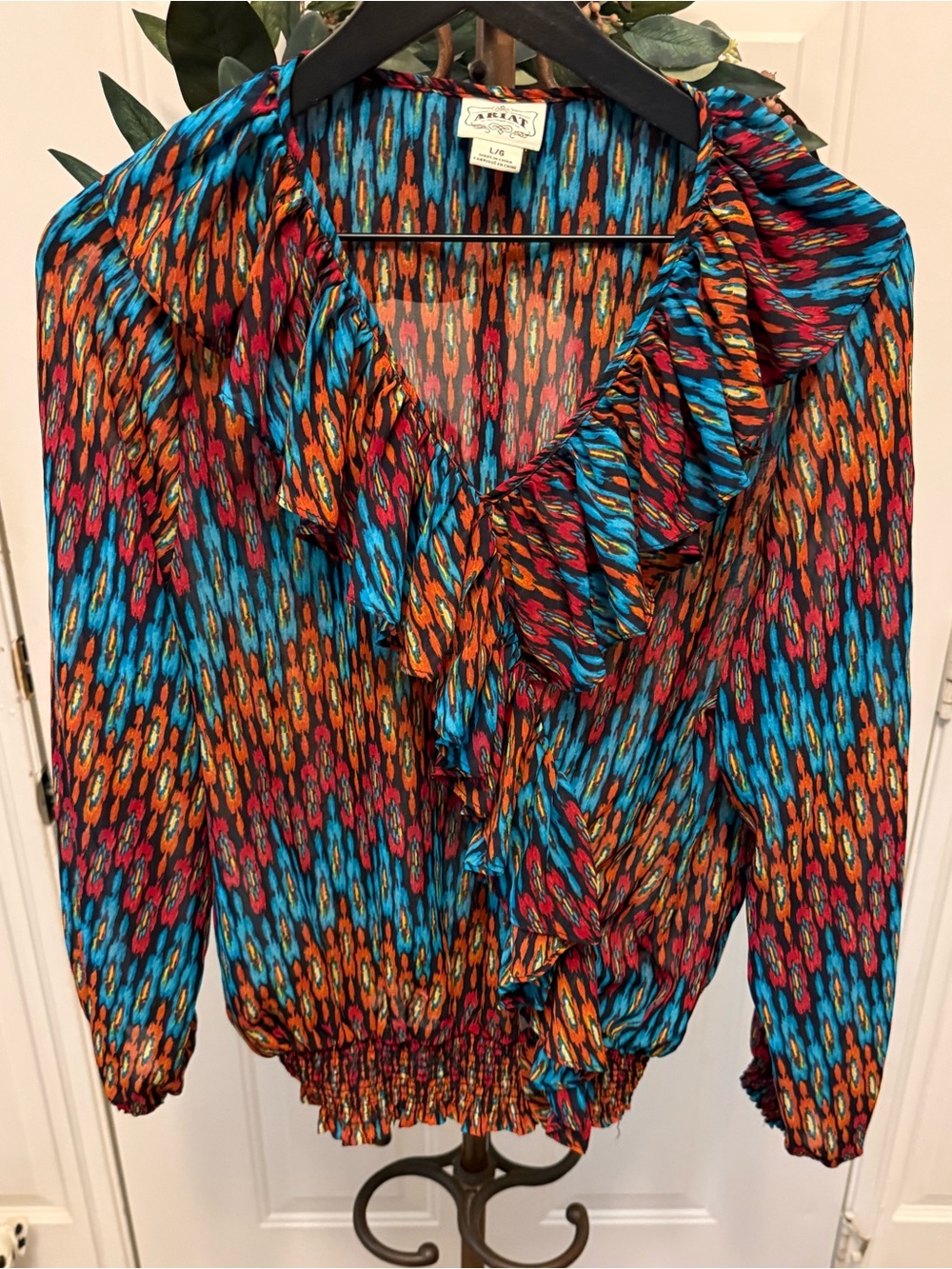 Ariat Western Cowgirl Ikat Print Cape Neck Ruffle Lightweight Top Blouse LS L